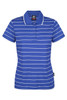 A blue and white striped polo shirt with a collar and buttons, featuring a logo on the front.