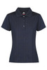 A navy polo shirt with a collared neckline and three-button placket, featuring a logo on the label.