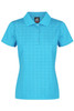 A women's polo shirt in aqua blue with a textured pattern and a collar. It features buttons and has a logo.
