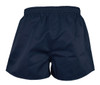 Navy men's rugby shorts featuring an elastic waistband and a logo. Suitable for sports uniforms.