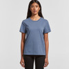 A plain blue women's t-shirt with a crew neckline and short sleeves, featuring a small logo at the upper corner. A plain blue women's t-shirt with a crew neckline and short sleeves, featuring a small logo at the upper corner.