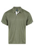 An olive green men's polo shirt with a collar and short sleeves, featuring contrasting white accents.