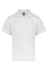 A white polo shirt with a collar and short sleeves, featuring a logo.