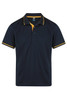 A navy polo shirt with yellow accents on the collar and sleeves, featuring a logo.