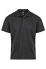 A black polo shirt featuring a collar, short sleeves, and a logo on the neckline.