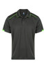 A dark green polo shirt featuring bright green accents and a logo on the chest.