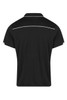 A black polo shirt with white piping, featuring a classic collar and short sleeves. It has a logo on the back.
