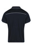 A navy blue polo shirt with contrasting white detailing, featuring a classic collar and short sleeves.