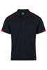 A navy polo shirt featuring red accents and a collar, with a logo on the chest.