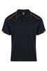 A navy polo shirt with yellow accents on the collar and sleeves, featuring a logo on the chest.