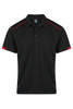 A black polo shirt with red detailing and a logo on the chest. Short sleeves and a classic collar design.