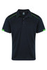 A navy polo shirt with green accents and a logo on the chest. Short sleeves and a classic collar design.
