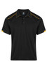 A black polo shirt with yellow accents and a logo on the chest area. Short sleeves and a classic collar design.