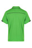 A green polo shirt with black accents, featuring a collar and short sleeves, and a logo on the upper back.