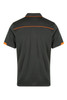 A dark green polo shirt with orange accents, featuring a collar and short sleeves. It has a branding logo.