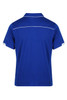 A blue polo shirt featuring a white trim, with a collar and short sleeves. The back view displays a simple design.