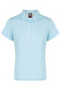 A light blue women's polo shirt with a collar and short sleeves, featuring a branded label.