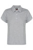 A grey polo shirt with short sleeves and a collar, featuring a branding logo.