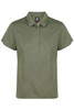 A green polo shirt with short sleeves and a collar, featuring a logo on the chest.
