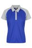 A blue polo shirt with grey accents and a collar, featuring a logo on the chest.