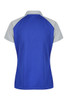 A polo shirt featuring a blue body with grey sleeves and a logo on the back.