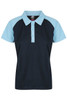 A navy and light blue polo shirt with a collared neckline and buttons, featuring a logo on the chest.