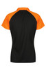 A polo shirt featuring a black body with orange sleeves and a logo on the back.
