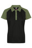A polo shirt featuring a black body with green sleeves and a collar, with a branding logo on the chest.