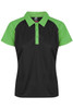 A black and green polo shirt featuring a collared neck, short sleeves, and a logo on the front.