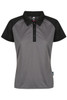 A black and grey polo shirt featuring a collar and button placket, suitable for casual wear. It includes a branding logo.