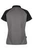 A grey and black polo shirt with a textured fabric and a collar, featuring a logo on the side.