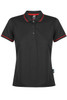 A black polo shirt with red trim, featuring a collar and button closure, along with a logo on the design.