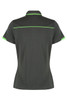 A dark green polo shirt featuring vibrant green accents and a logo. The back view displays a sleek design.