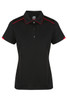A black polo shirt with red accents and a collar, featuring a logo on the chest.