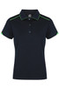 A navy polo shirt with green accents and a logo on the chest, featuring a classic collar and buttoned placket.