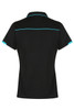 A black polo shirt with turquoise detailing and a logo, featuring a collared neckline and short sleeves.