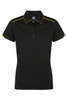 A black polo shirt with yellow accents, featuring a collar and buttons, designed for women's wear. It has a logo.