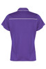 A purple polo shirt with a back view, featuring a white trim and short sleeves. It has a logo.