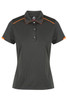 A grey polo shirt with a collar and short sleeves, featuring orange accents and a logo on the chest.