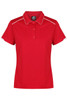 A red polo shirt with a collared neck, featuring white accents and a branding logo on the tag.
