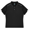A black sports polo shirt with a collar, featuring white accents and a logo on the left sleeve.