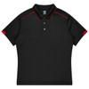A black polo shirt with red accents, featuring a collar and buttons. It includes a logo on the chest area.