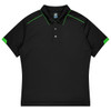 A black polo shirt with green accents and a collar, designed for kids' sports uniforms. It features a logo.
