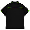 A black sports polo shirt featuring green accents and a logo on the collar.