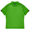 A bright green polo shirt with black accents and a collar, featuring a logo on the chest area.