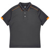 A short-sleeved polo shirt in dark grey with orange accents and a collar, featuring a logo on the chest.