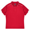 A red polo shirt featuring a collar and short sleeves, with contrasting white accents and a logo.