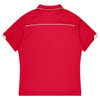 A red children's polo shirt with short sleeves and a contrasting collar, featuring a logo on the back.
