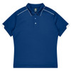 A navy blue polo shirt with a collared neck and contrasting white detailing on the sleeves. It features a logo.