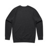 A dark grey jumper with long sleeves and a round neckline, featuring a plain back and no visible graphics.